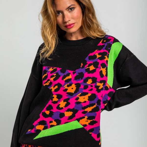 Suéter Oversize de estampado de estrellas con animal print - Shiny Girl