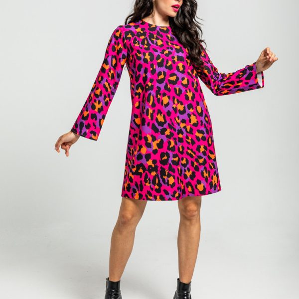 Vestido cuello redondo corte A de estampado animal fuscia - I'm Felina
