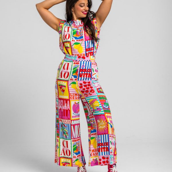 Pantalón fluido de estampado collage italiano - Dolce Far Niente