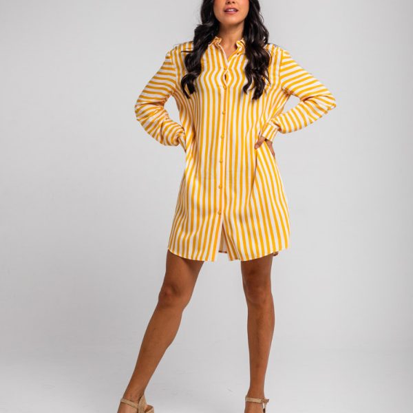 Vestido camisero mini manga recogida de rayas blancas y amarillas - Oh Sole mio