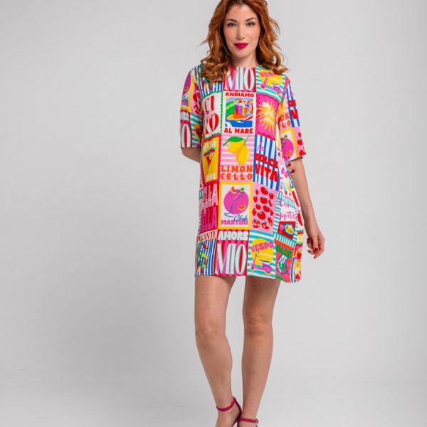 Vestido corte A corto de estampado collage italiano - Dolce Far Niente